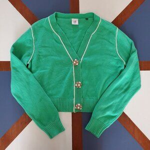 Cabi Wallis Cropped Cardigan Medium Jewel Button Green Knit Preppy Academia 5459